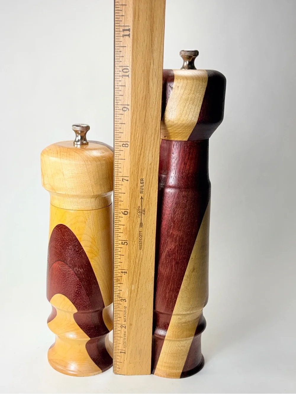 2 Handcrafted Two-Tone Natural & Dark Wood Wooden Salt and Pepper Mills